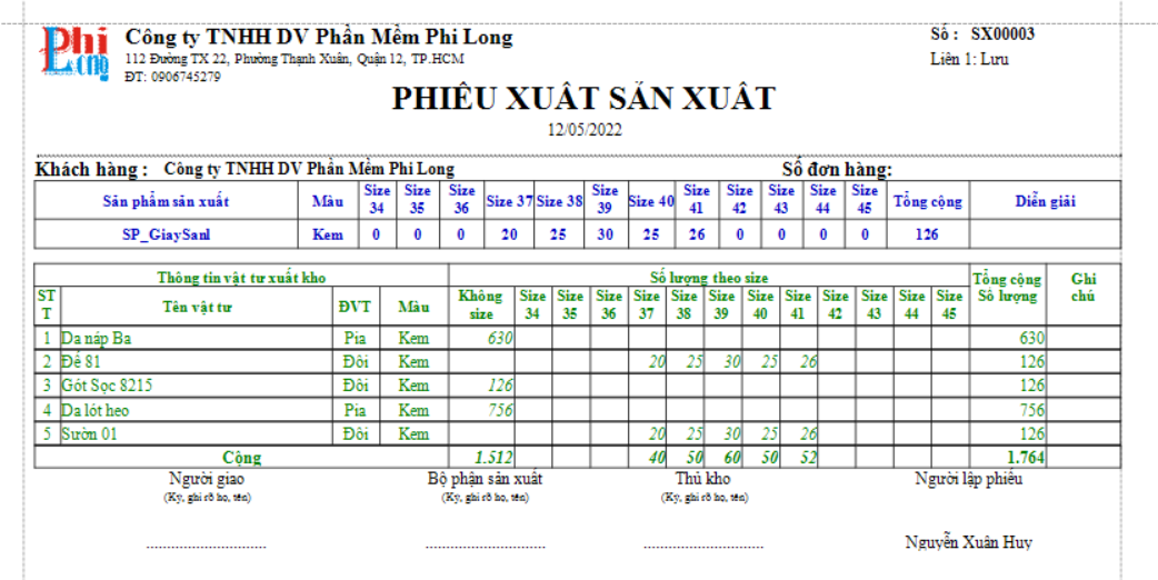 Mẫu in phiếu xuất sản xuất