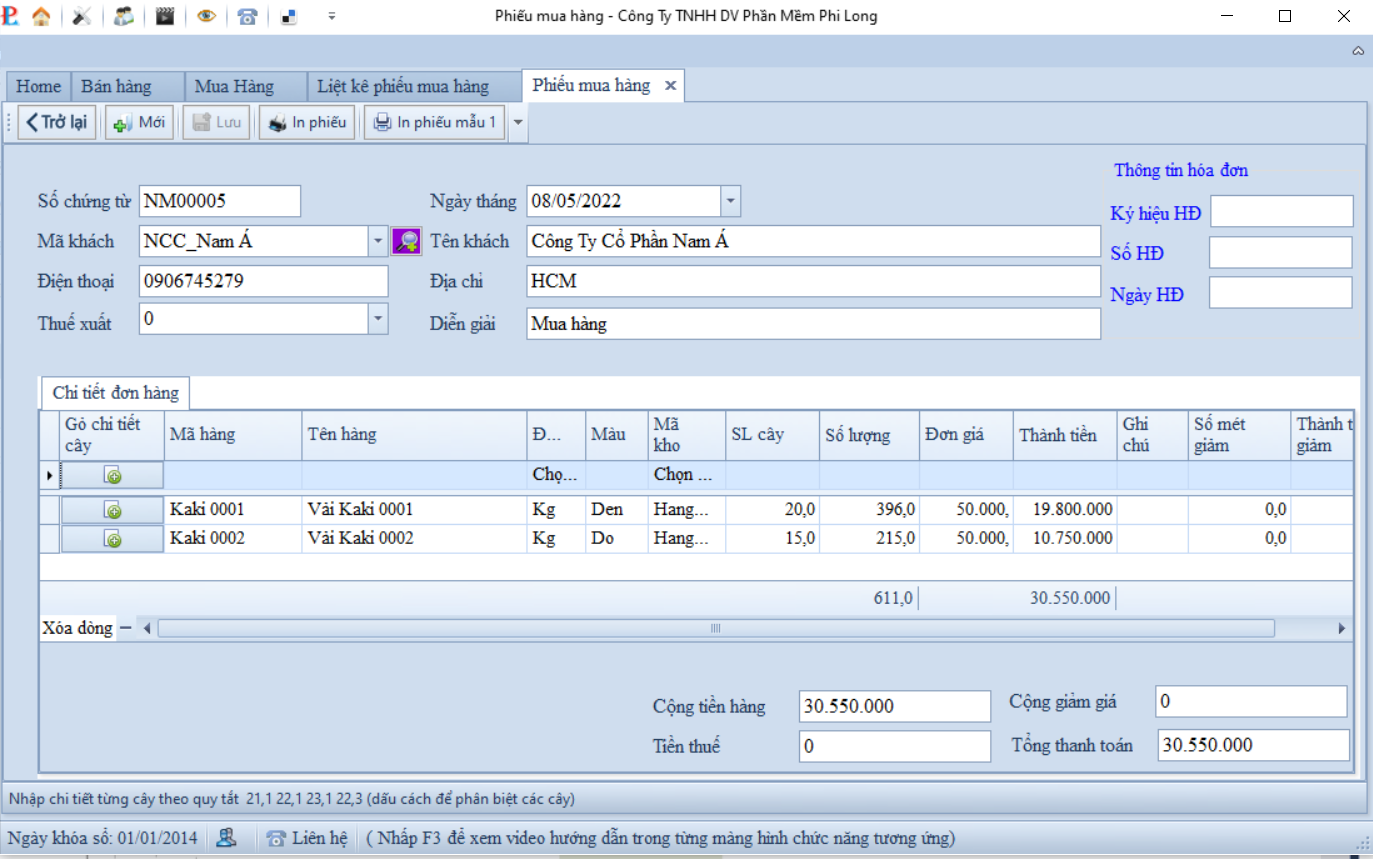 M&#224;ng h&#236;nh nhập liệu phiếu mua h&#224;ng