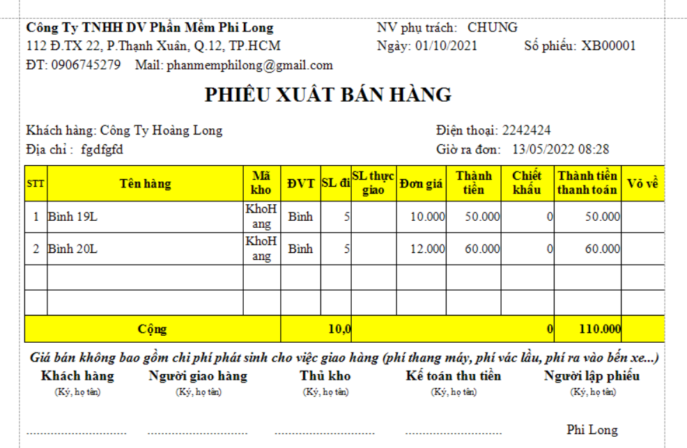 Mẫu in phiếu bán hàng