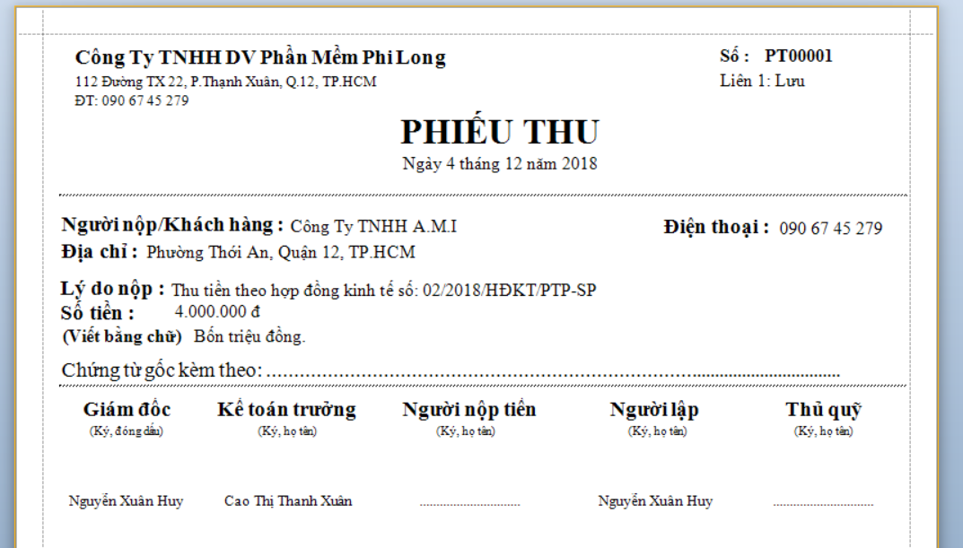 Mẫu in phiếu thu tiền mặt