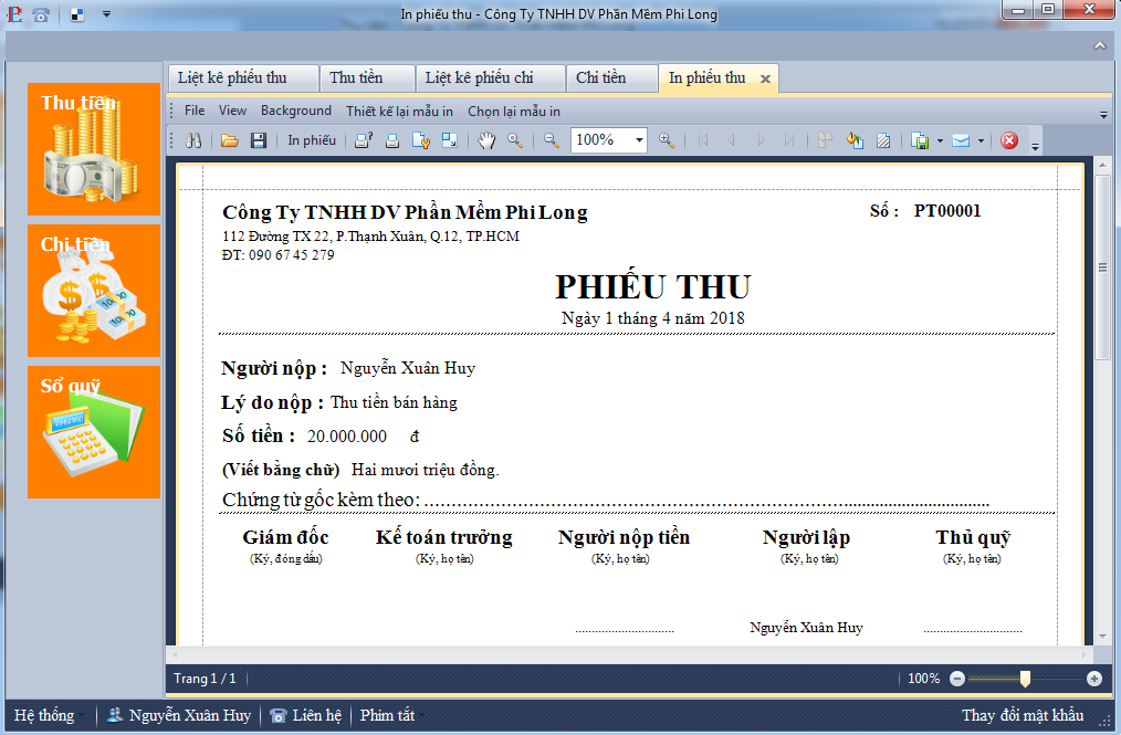 In phiếu thu